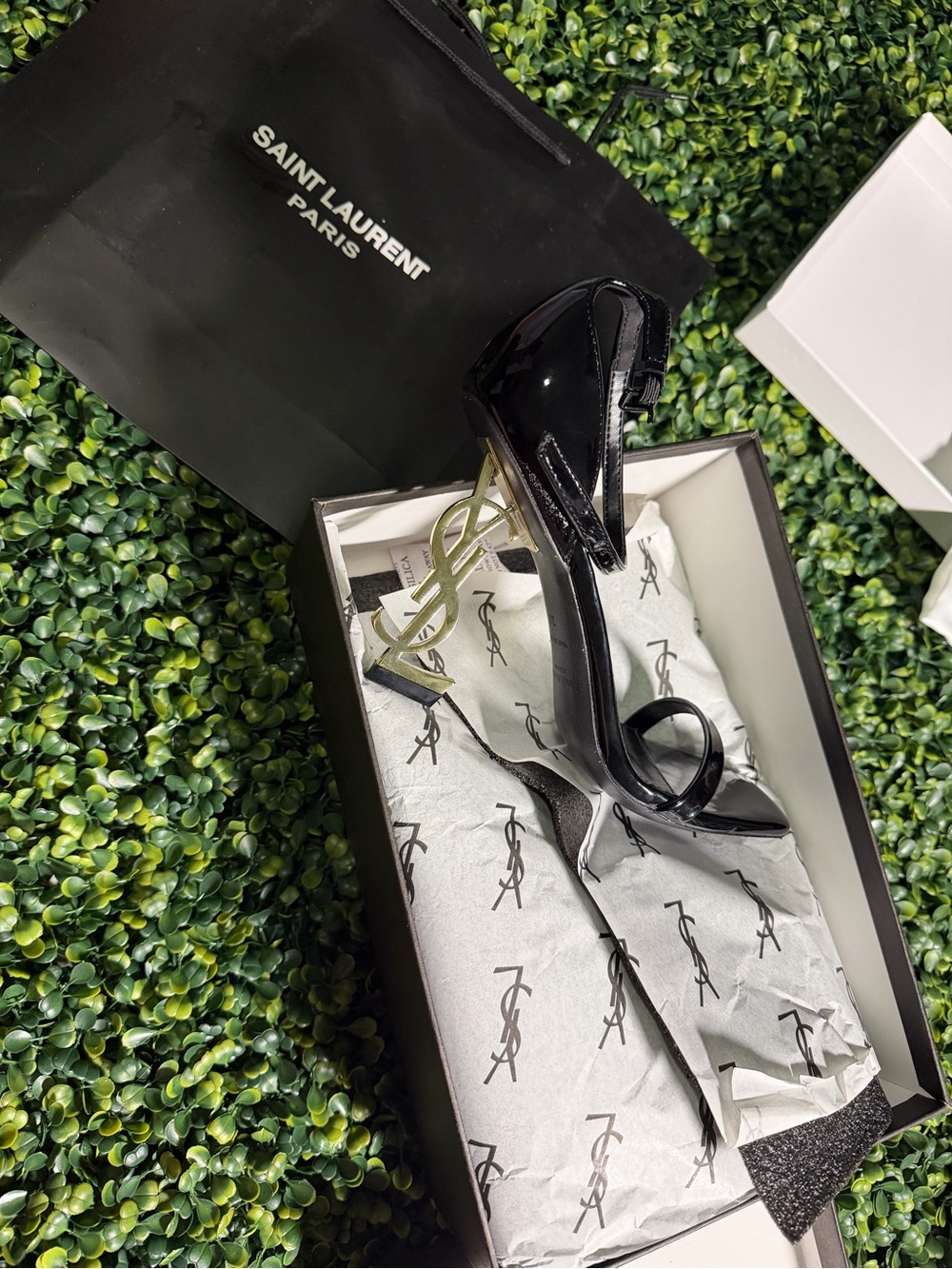 Saint Laurent Black Patent Opyum Sandal with Gold YSL Heel